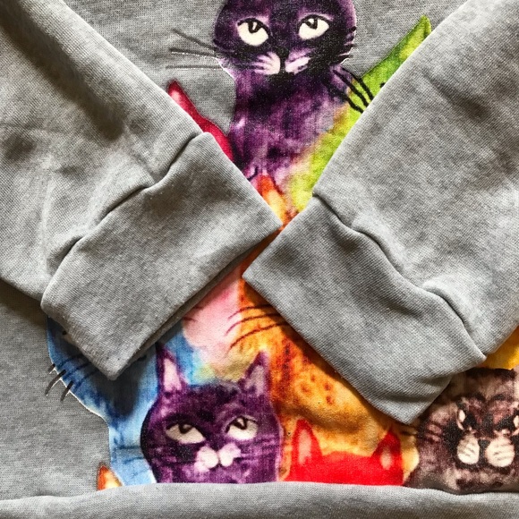 Rainbow Cats And Paw Prints Hoodie Sweatshirt Womens Size Large Grey Pullover - Picture 6 of 6